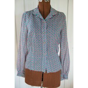 Vintage Sz M 40s 50s pink & blue nylon long sleeve blouse rhinestone buttons
